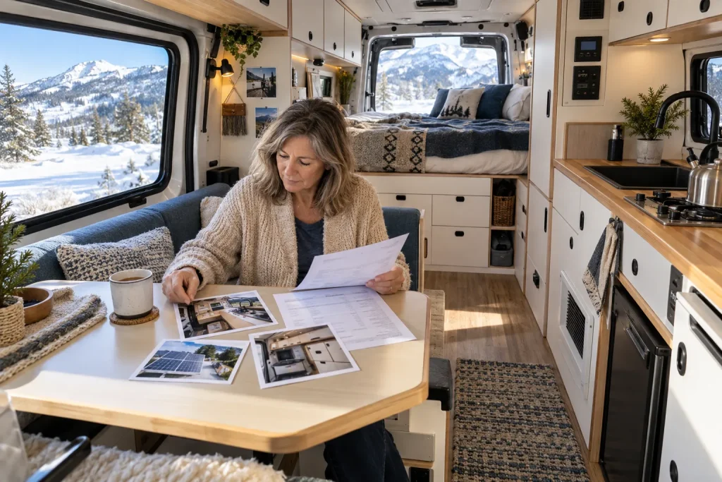 Propriétaire consultant des factures et des photos d’équipements dans un van aménagé.