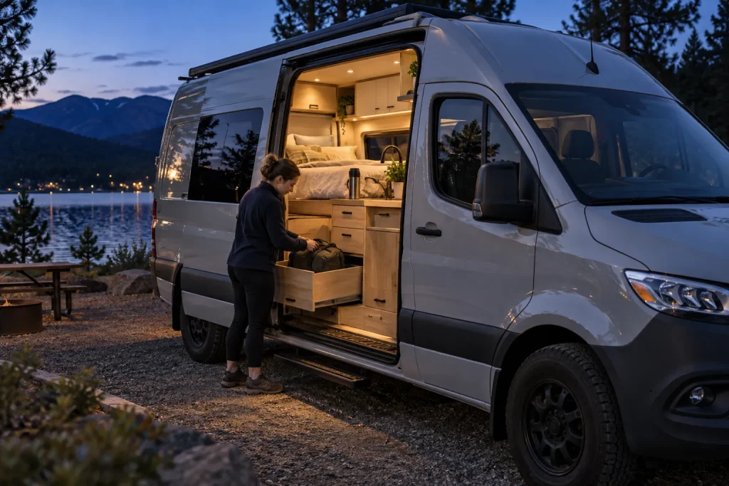 Fourgon aménagé avec porte latérale ouverte montrant son couchage, ses rangements et son espace de vie.