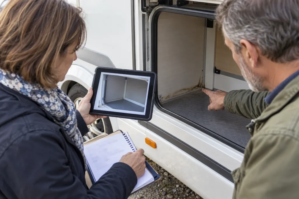 Acheteurs comparant une photo avec l’état réel d’une soute de camping-car