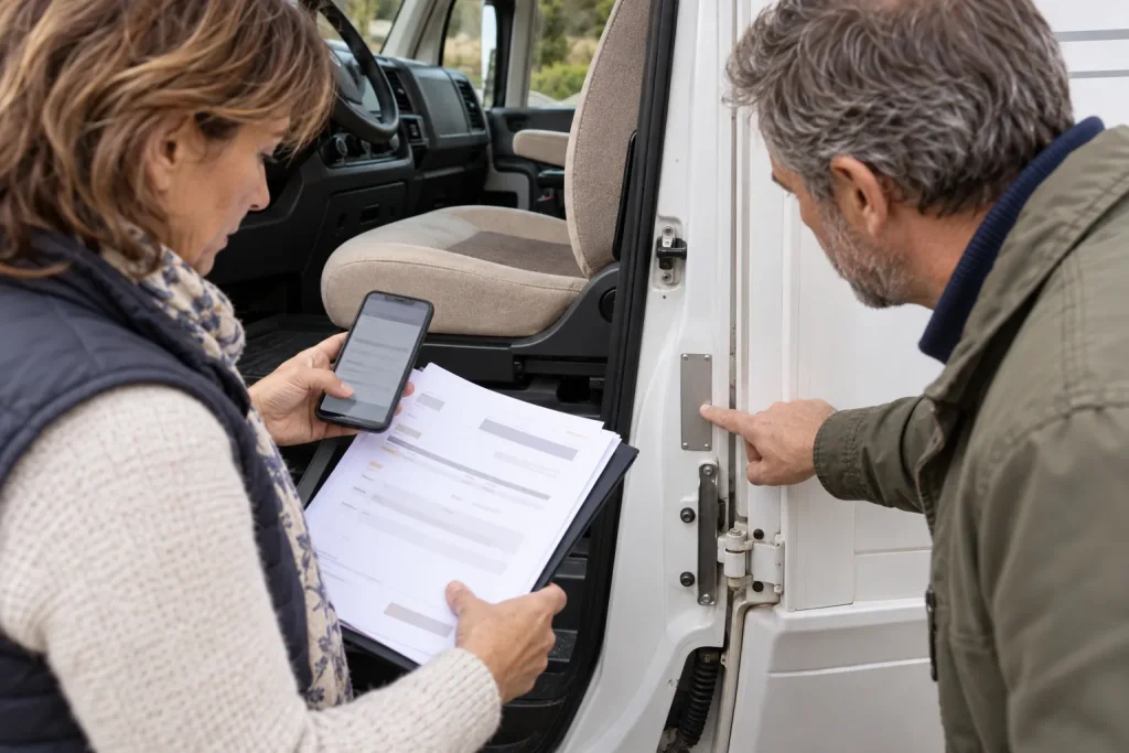 Acheteurs comparant les documents avec le numéro d’identification d’un camping-car